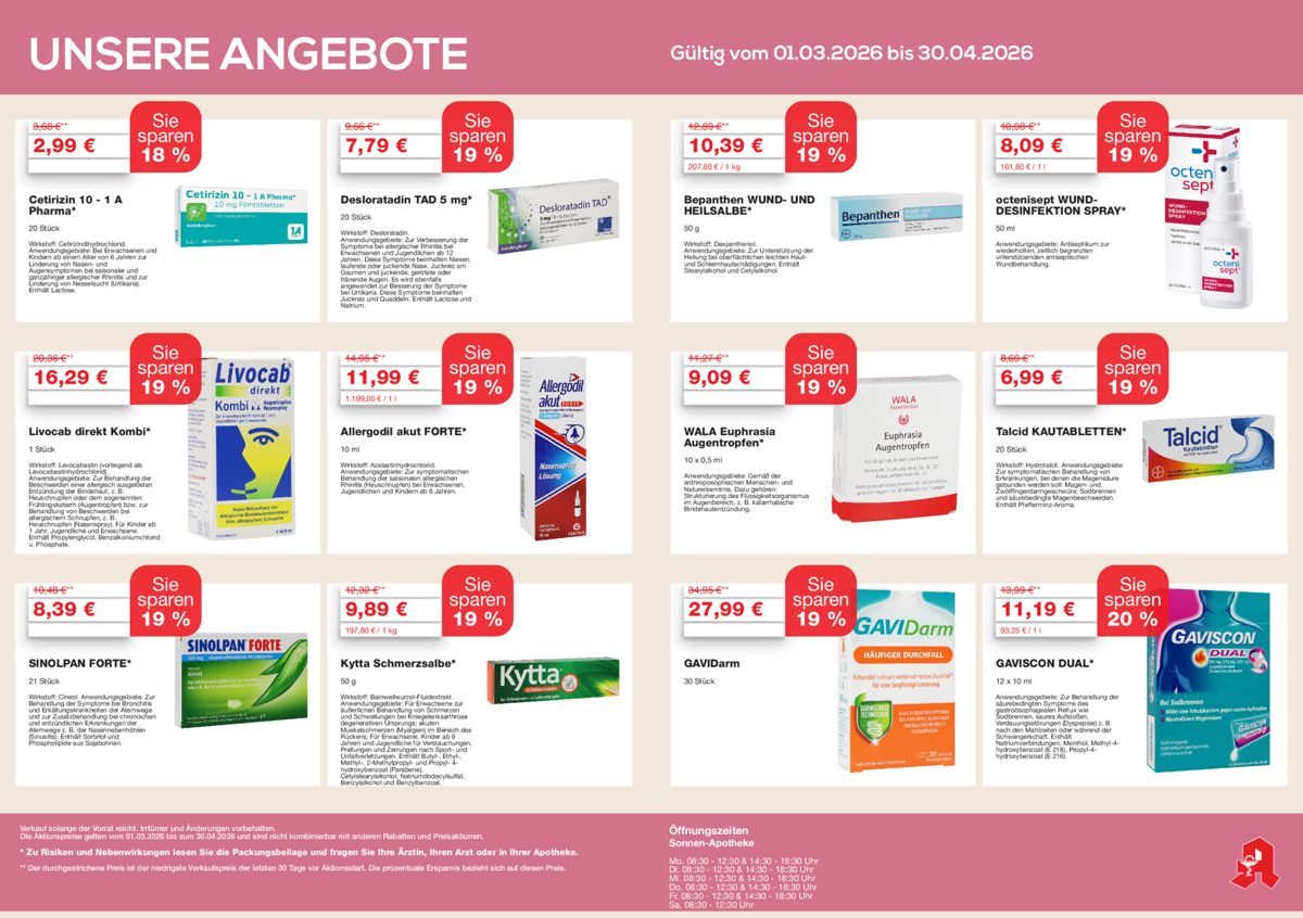 Angebotsübersicht der Sonnen-Apotheke Gärtringen mit Winter-Aktionspreisen für Erkältungsmedikamente, Rabatt-Gutscheinen sowie QR-Code zur Online-Vorbestellung über die Apotheke